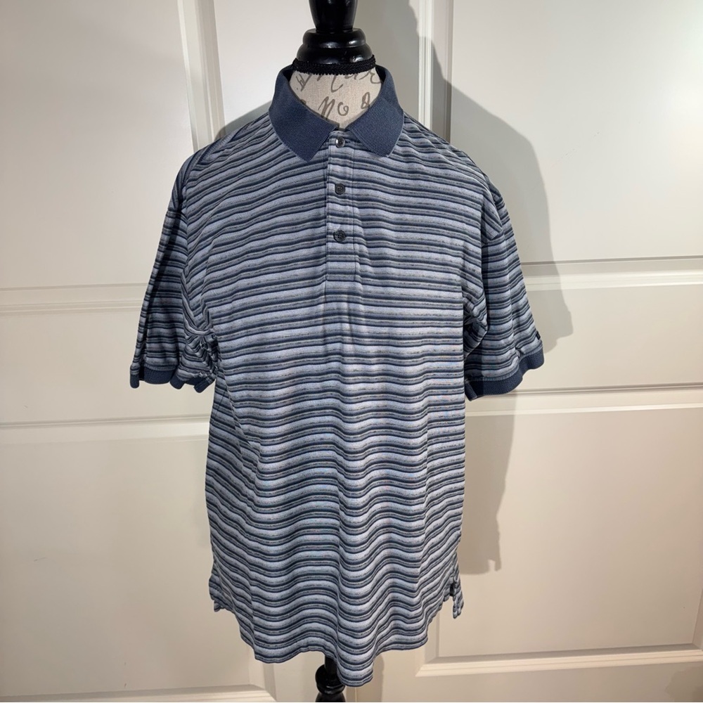 Izod Navy and Gray Striped Cotton Polo Shirt Medium